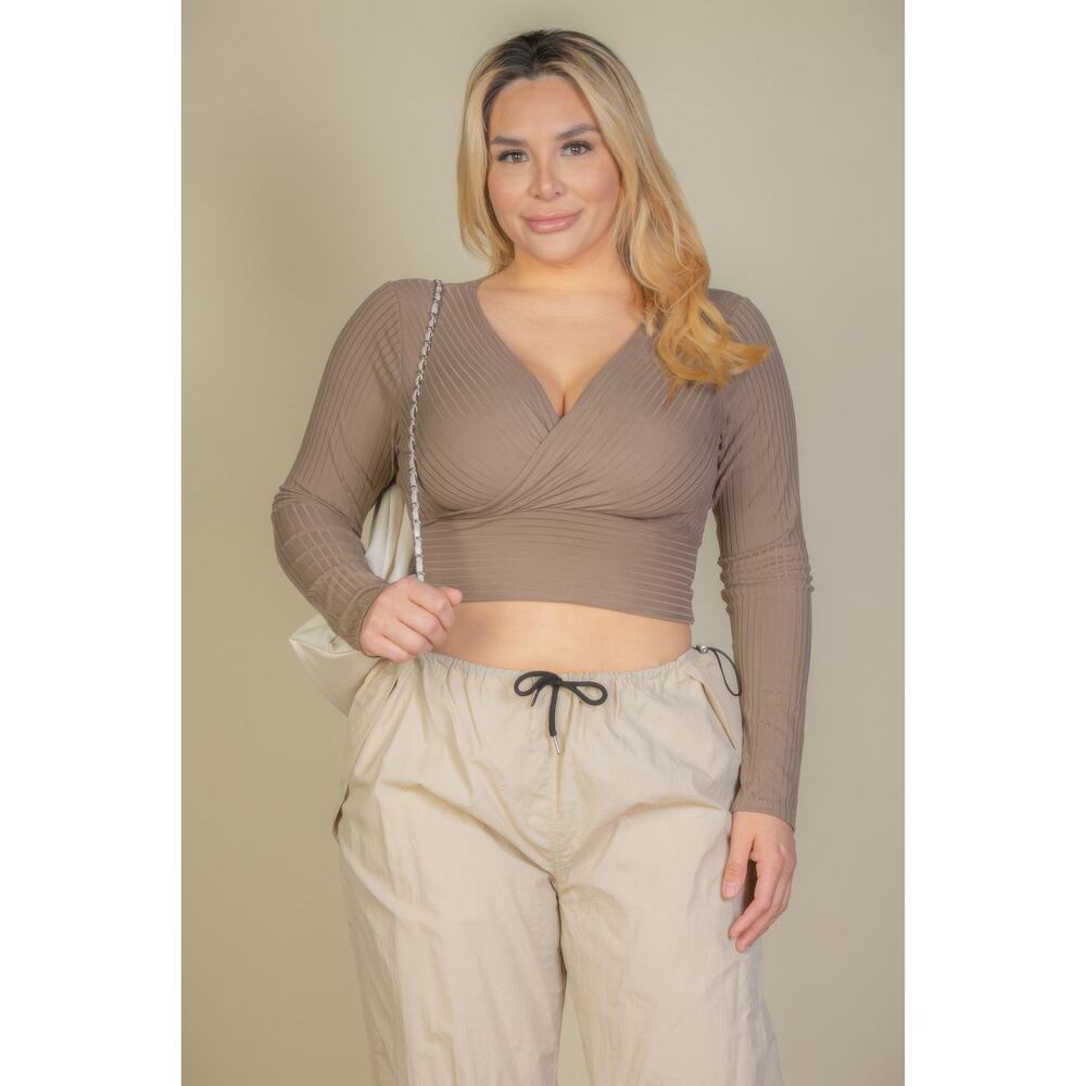 HackleBee | Taupe Plus Size Ribbed Wrap Front Long Sleeve Top Size 1X, 2X, 3X